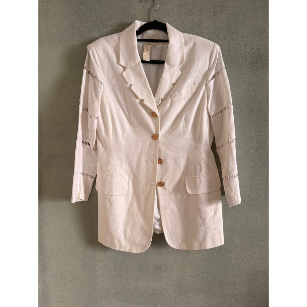 Apart Vintage Linen Blend Skirt Suit Off White Openwork Detail Blazer Set Womens